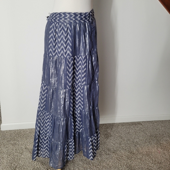 Soft Surroundings Blue White Chevron Tiered Maxi Skirt Boho Festival Vacation XL - Picture 3 of 4